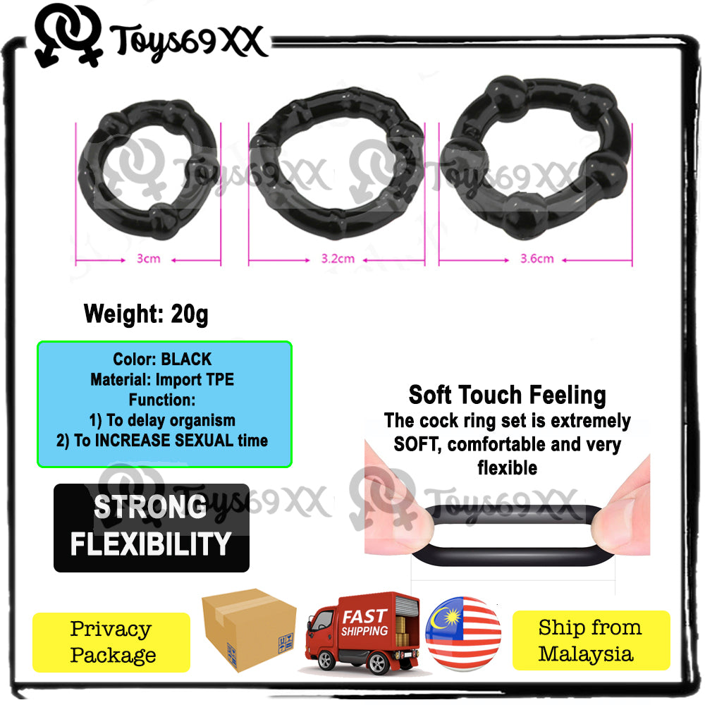 Cock Ring Tahan Lama Stay Hard Beaded 3pcs Silicone Penis Ring Cock Delay Ring Adult Male Sex Toy Ring Tahan Lama