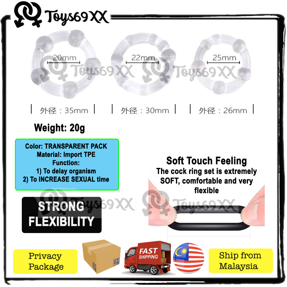 Cock Ring Tahan Lama Stay Hard Beaded 3pcs Silicone Penis Ring Cock Delay Ring Adult Male Sex Toy Ring Tahan Lama